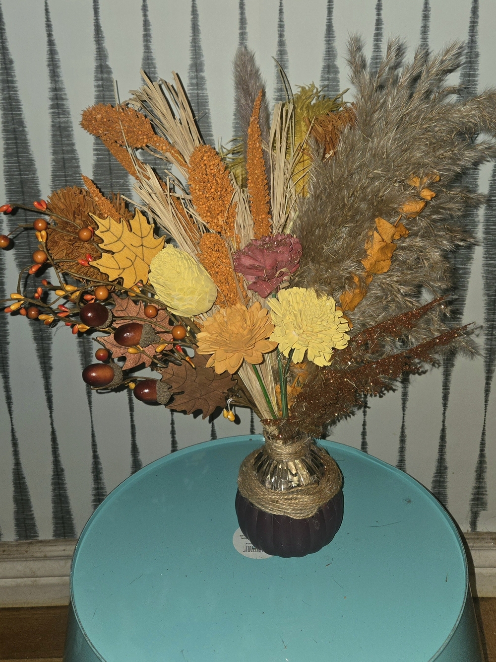 Fall Sola Wood Flower Arrangement Pampas Grass Burgundy Orange Yellow Vase Decor